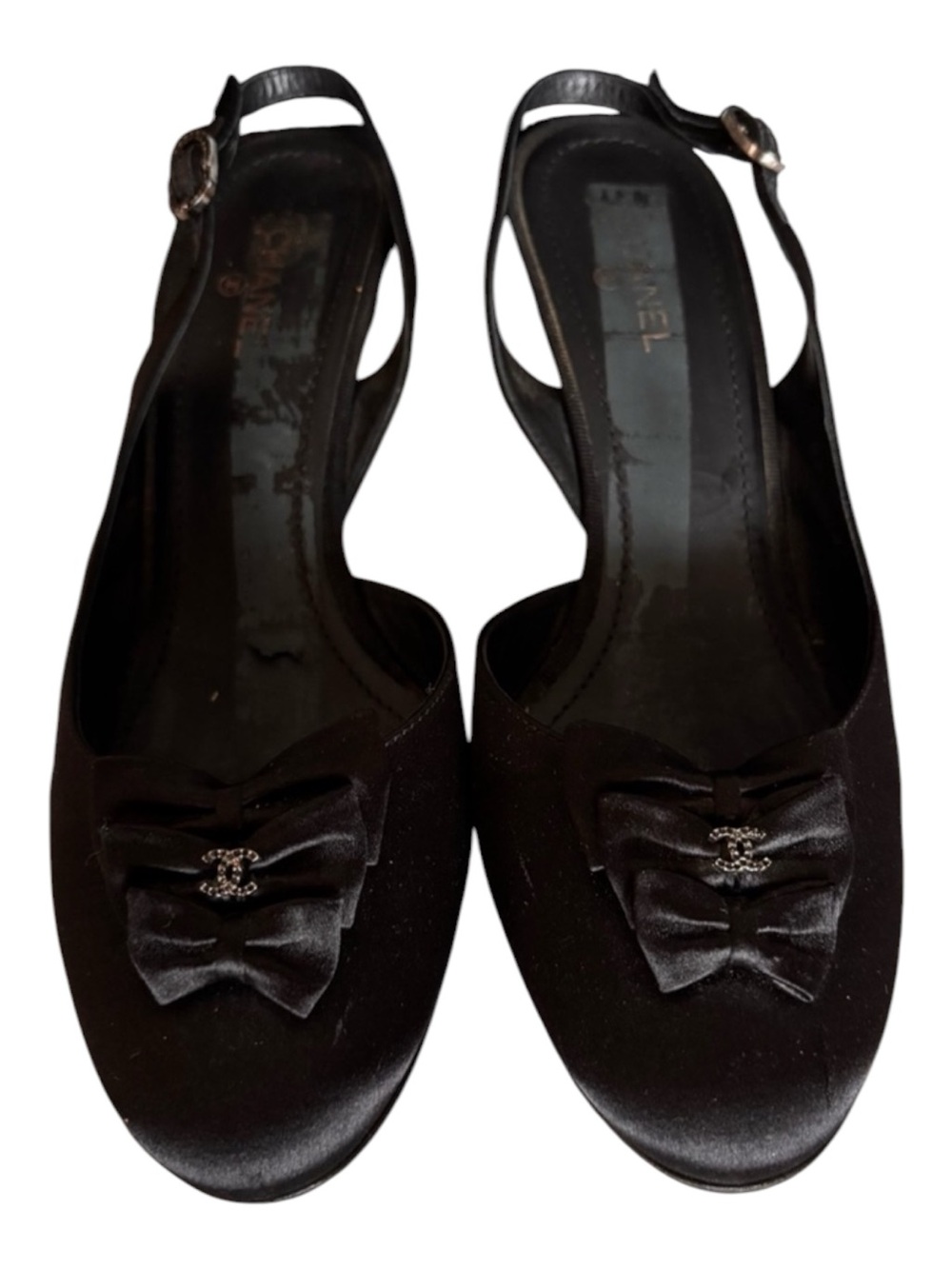 CHANEL Black Satin Black Bows & Crystal CC Jewel Slingback Sz 39 1/2 (8.5/9) EUC